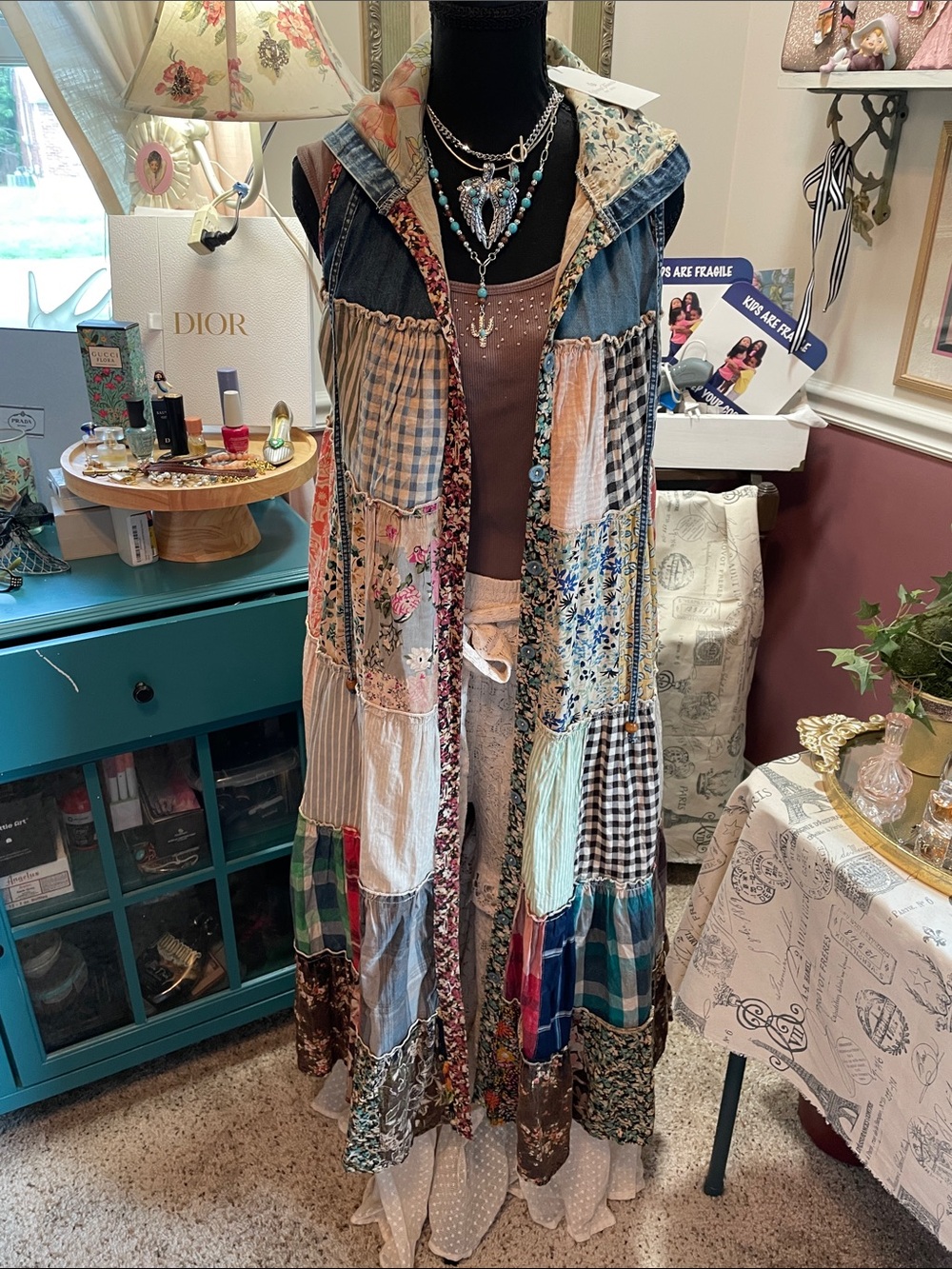 Boho Patchwork Hooded Long Duster /Dress - Multicolor Young Threads - Picture 5 of 17